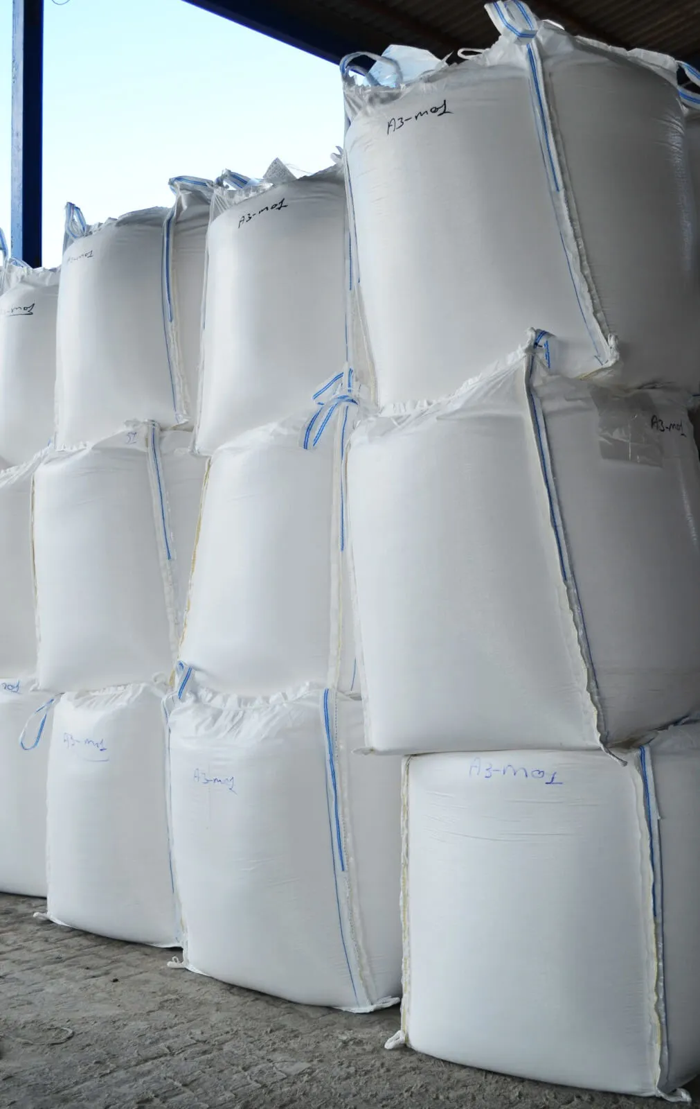 Stacked big bags of salt (tablet, fine and coarse) ready for bulk export