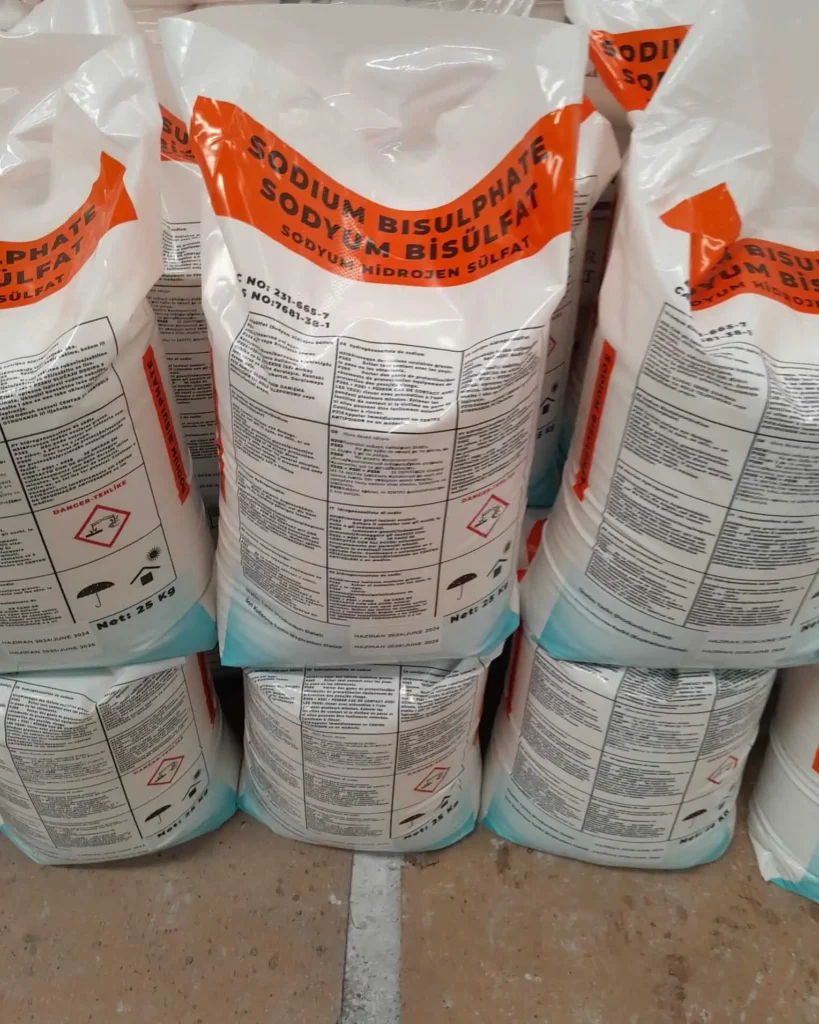 Filled 25 kg sodium bisulfate bags stacked upright for bulk supply