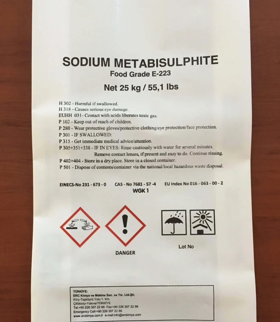 Close-up of sodium metabisulfite 25 kg food grade bag with hazard icons