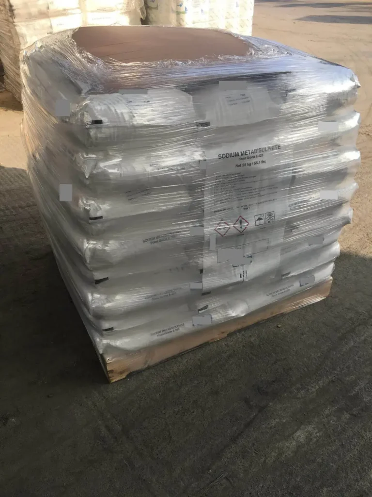 Sodium metabisulfite E223 25 kg bags shrink-wrapped on pallet