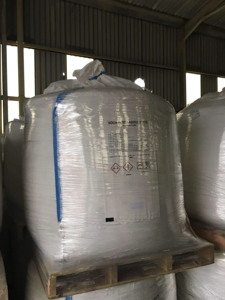 Technical grade sodium metabisulfite big bag on pallet in warehouse